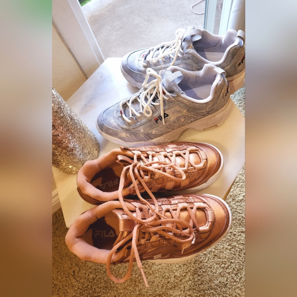 2 PAIRS FILA DISRUPTOR SNEAKER SHOES, GOLD AND ONE BLUE DENIM